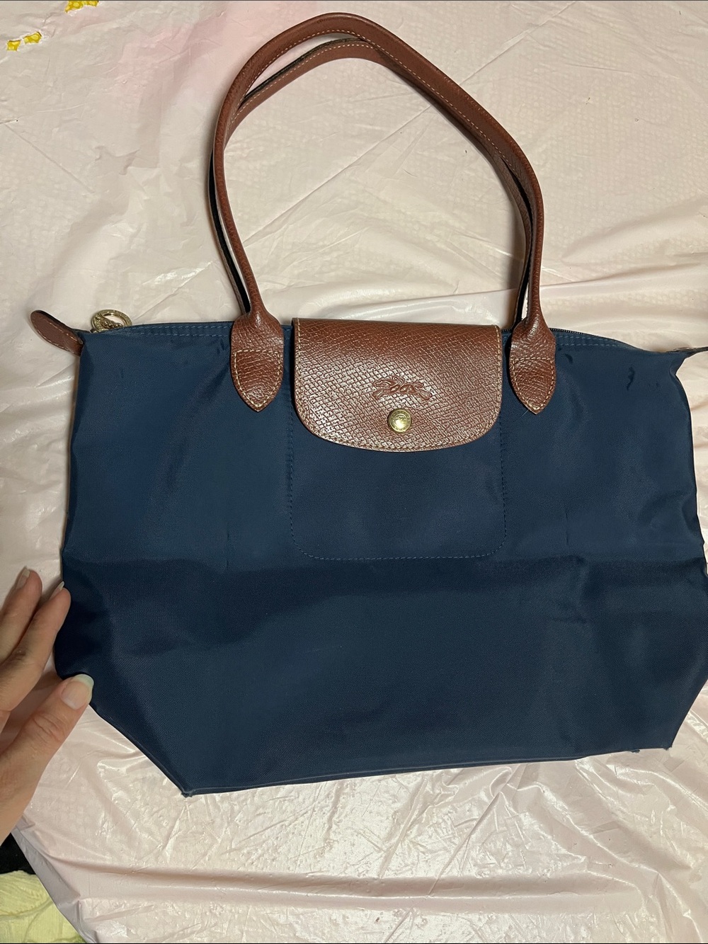 Longchamp Navy and Brown Nylon Tote with Leather Trim